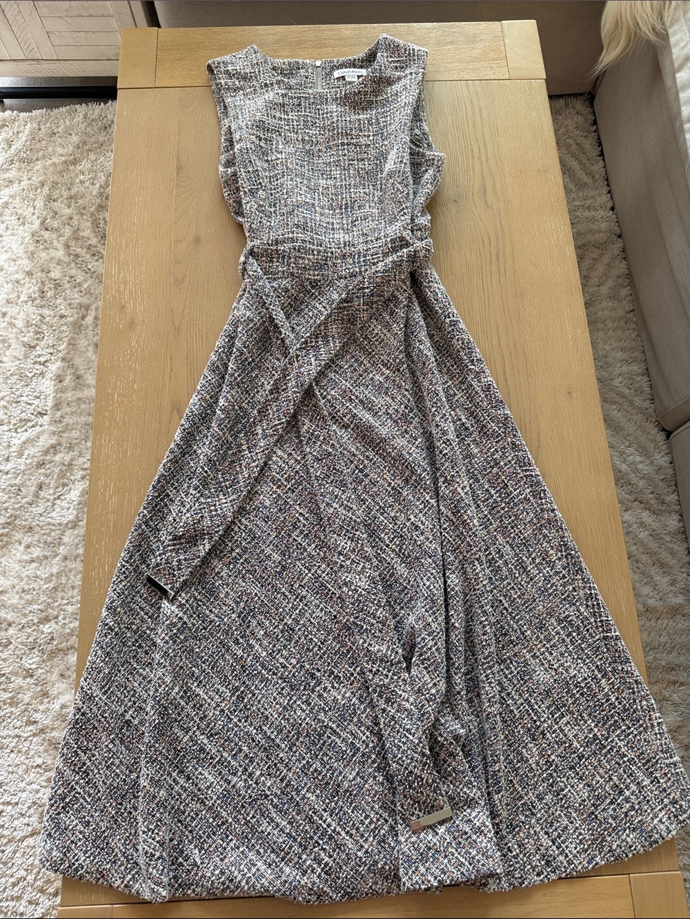 Calvin Klein Sleeveless Tweed Midi Dress with Tie Belt